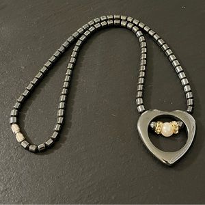 Hematite Beaded Vintage Heart Necklace